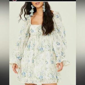 ALTARD STATE Fern Ivory Blue Floral Mini Babydoll Dress NWT $98 cottage fall